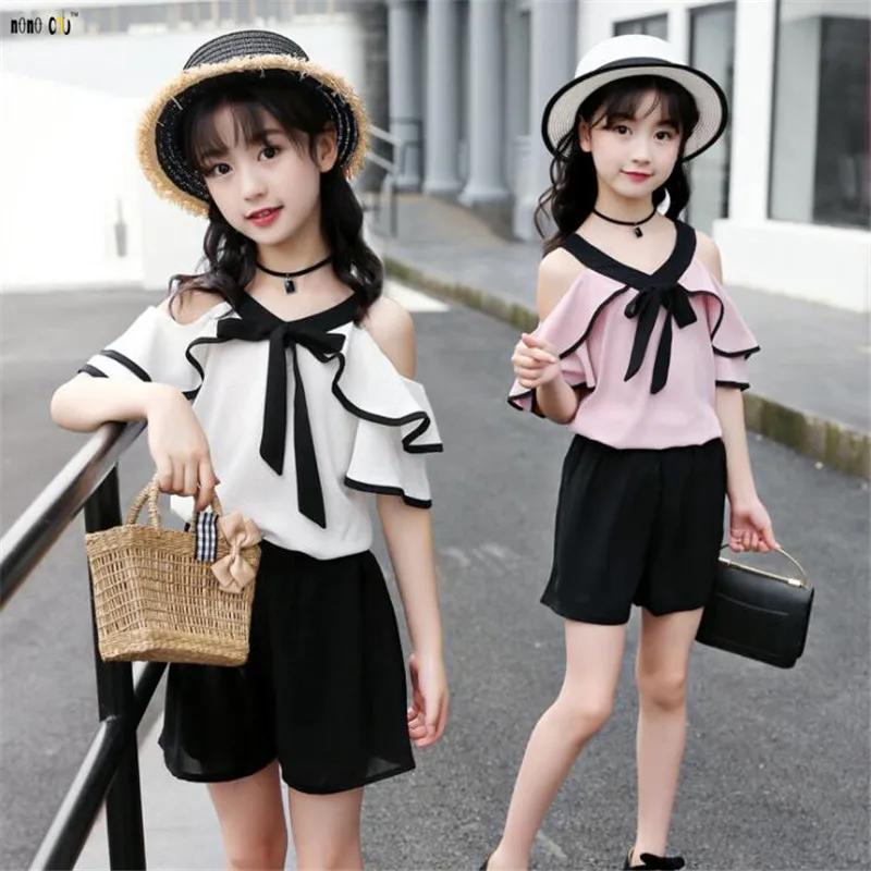 

Chiffon Kids Outfits Girls Clothing Set Summer Strapless Two Pieces Suit Top & Pants Child Clothes 5 6 7 8 9 10 11 12 Years