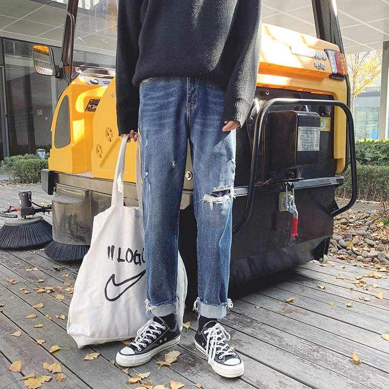 2019 Spring Pattern Holes Patch Thickening Men Jeans Baggy Homme Streetwear Edging Worn-out Cotton Stretch Slim Fit Trousers 2019 Spring Pattern Holes Patch Thickening Men Jeans Baggy Homme Streetwear Edging Worn-out Cotton Stretch Slim Fit Trousers