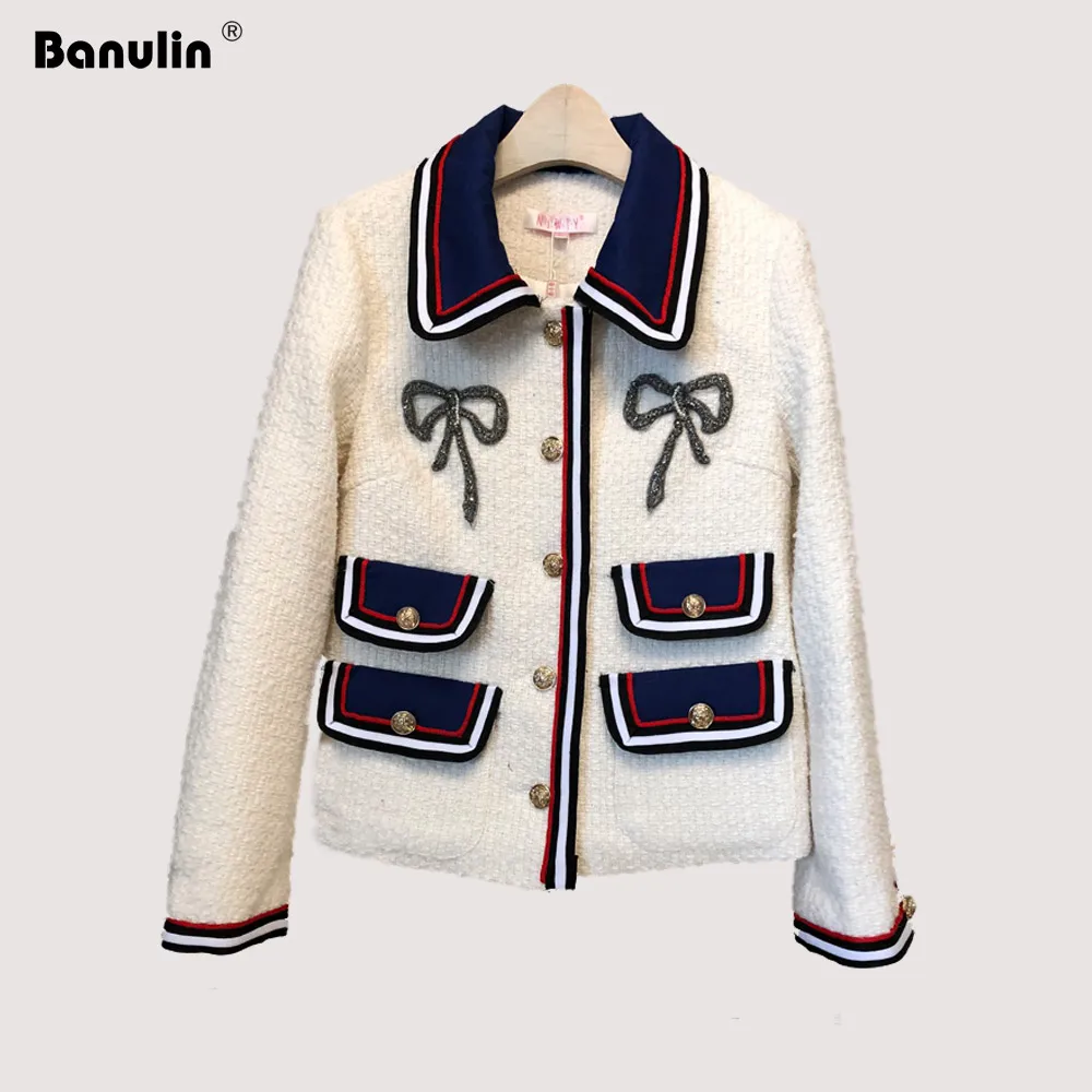 

2019 Autumn Winter Tweed Jacket Coat Women's Turn Down Neck Long Sleeve Applique Pocket Woolen Elegant Runway Overcoat Jackets