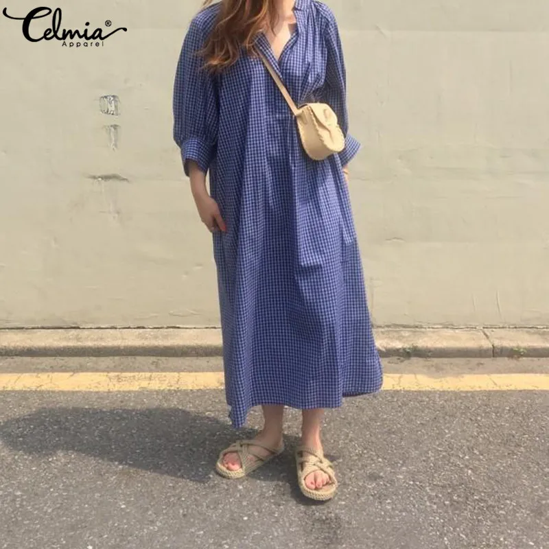 

Korea Plaid Dress Women Summer Sexy V Neck Check Shirt Dresses 2019 Celmia Female Casual Loose Maxi Long Vestidos Robe Plus Size