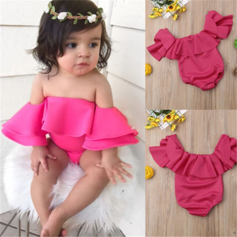 

Baby Girls Toddler Ruffle Romper Off Shoulder Bodysuit Clothes Outfits 0-12M New Baby Girl Boat Neck Ruffle Sleeve Bodysuit