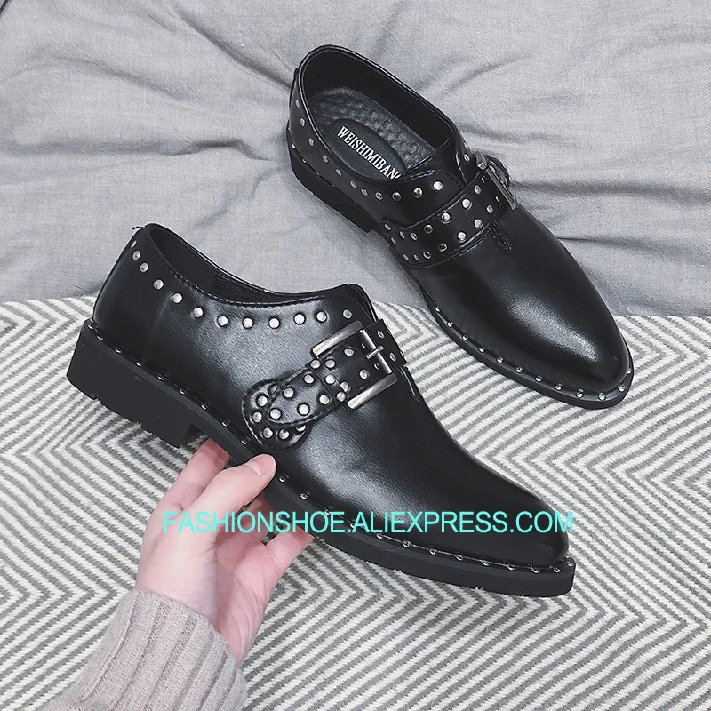 

New Spring Mens Formal Business Shoes Flat heel Leather Rivets Buckle Dress Hombre Sapatos