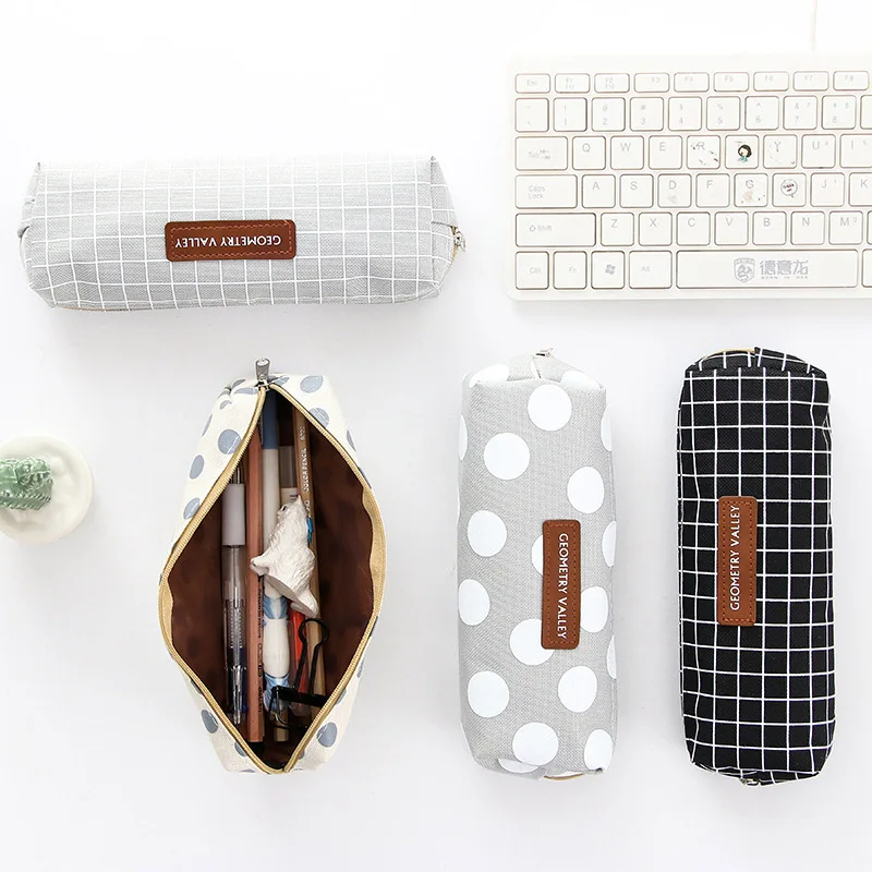 

1PC Kawaii Canvas Pen Case Cute Grid Pencil Case Large Capacity Pencil Pouch For Kids Gifts School Office Supplies stationery