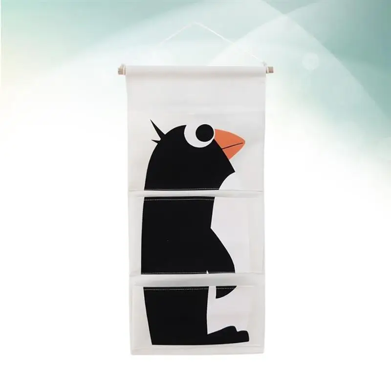 1 pc Hanging Storage Bag Cotton and Linen Cartoon Penguin Door Wall Pockets Sundries Organizer for Living Room Bedroom Bathroom