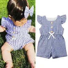 Emmababy Лето Горячие Дети для маленьких девочек Комбинезон в полоску с рукавом-бабочкой комбинезон с пуговицами цельный костюм пляжного типа одежда