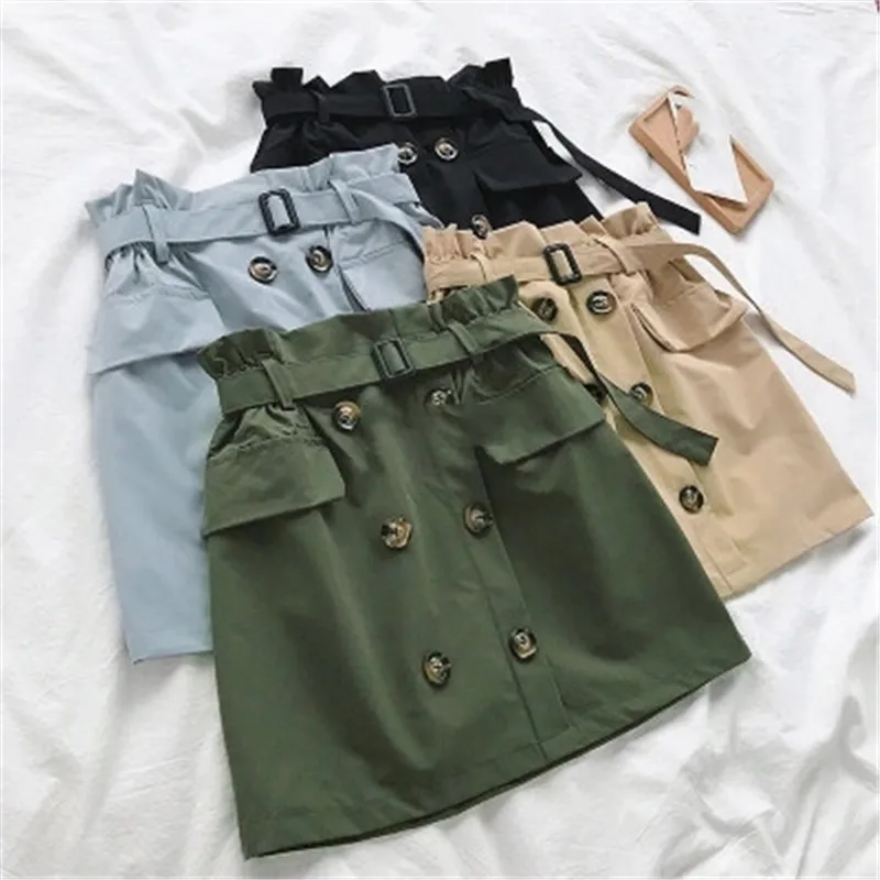 

2019 Korean Women Package Hip Skirt Female Casual Double-breasted A-Line Slim Mini Skirt Ladies Solid Color High Waist Skirt