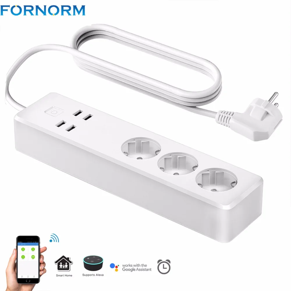 Продажа Fornorm Wi Fi электрический удлинитель Smart power Strip 3 розетки и 4 usb порта для зарядки стабилизатор напряжения 3 штекера Стандартный поддерживается