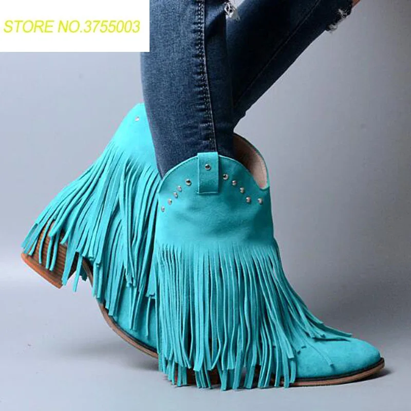 

Hot Sale Mujer Fringe Rivets Embellished Ankle Boots Vintage Round Toe High Heel Cowboy Booties Wedding Party Dress Shoes Women