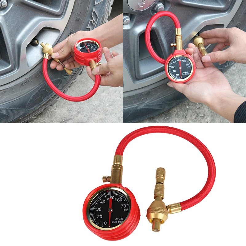 

Red Mechanical Pointer Tire Pressure Gauge Tyre Deflator Kit with 4 Valve Cap for Automobile Cars Trucks