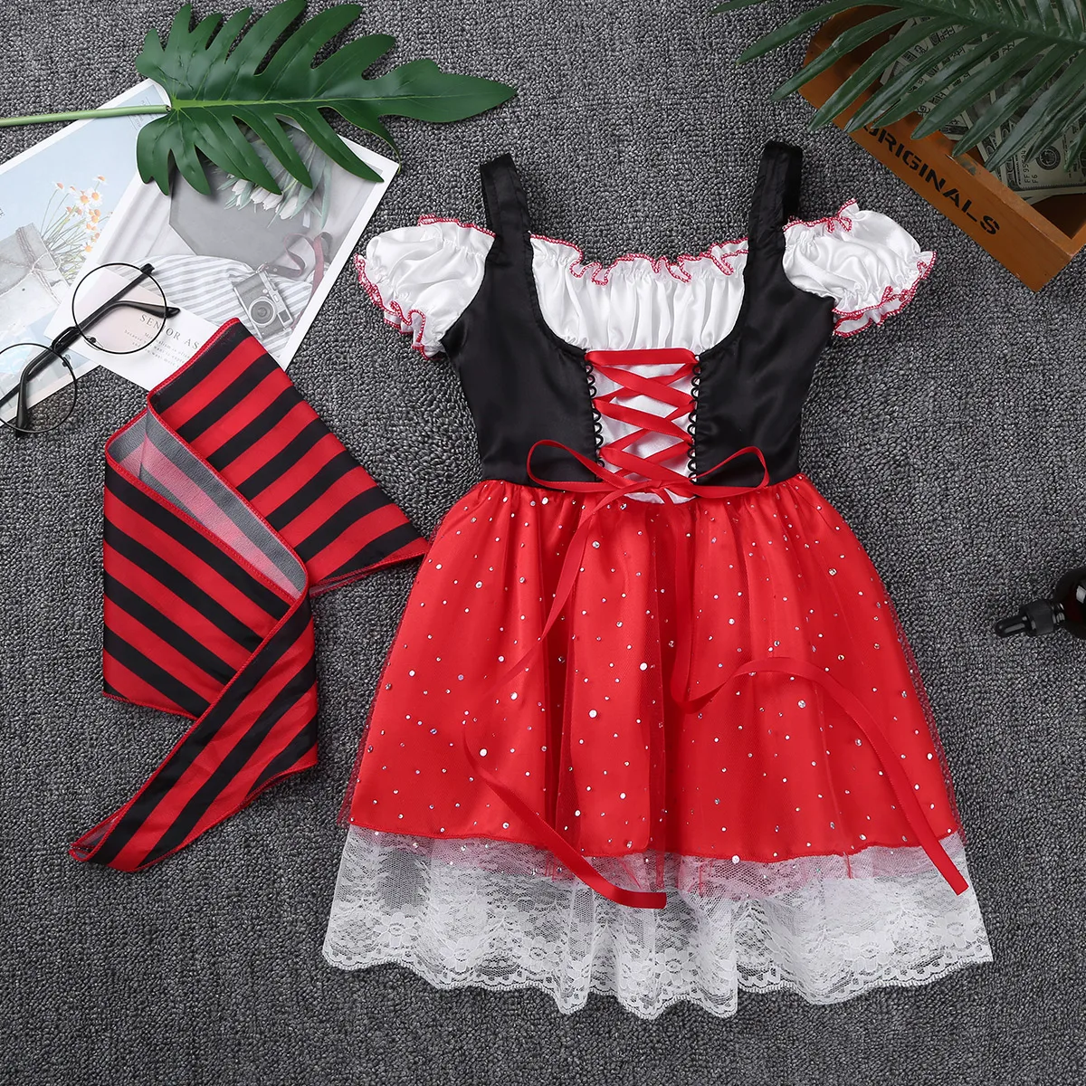 

iiniim Baby Kids Girls Clothing Sweet Pirate Costume Dress Glittery Sequins Off Shoulder Elastic Halloween Cosplay Party Dress