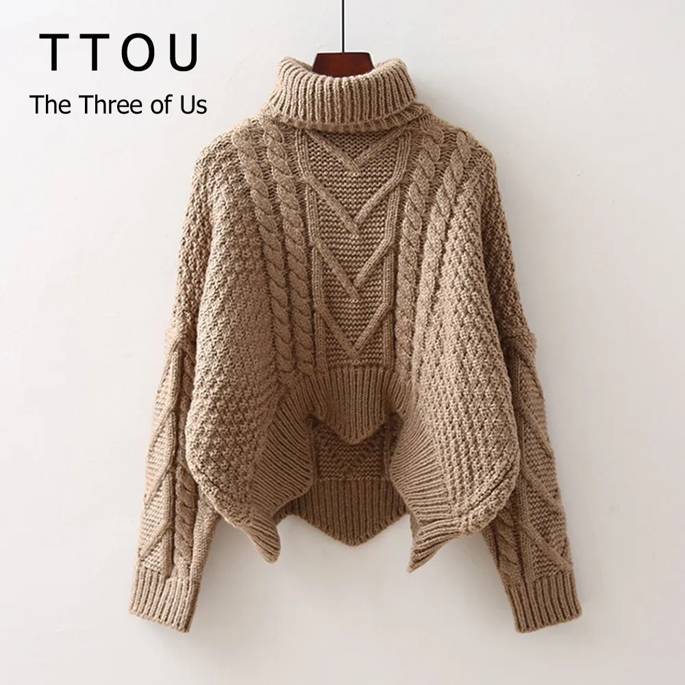

TTOU Women Casual Loose Sweater Bat Sleeve Irregular Pullover Turtleneck Thick Knitted Sweater Wind Rough Woolen Harajuku