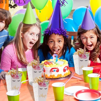 

BIT.FLY 12pcs/lot Birthday Party Mini Popcorn Boxes Unicorn Party Flower Paper Snack box Baby shower Eyelash Unicorn candy bag