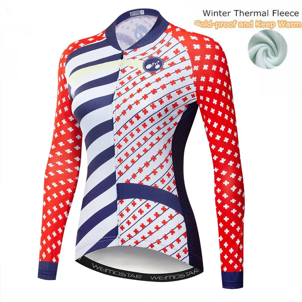 

Cycling Jersey Winter Thermal Fleece Women Long Sleeve Clothing Bicycle Outdoor Mountain Road Uniform Bike Tops Red