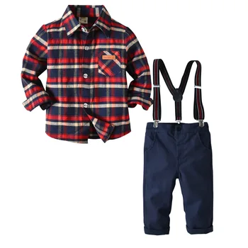 

Boy's pure cotton long-sleeved plaid shirt with slacks three-piece boy's spring and autumn suit