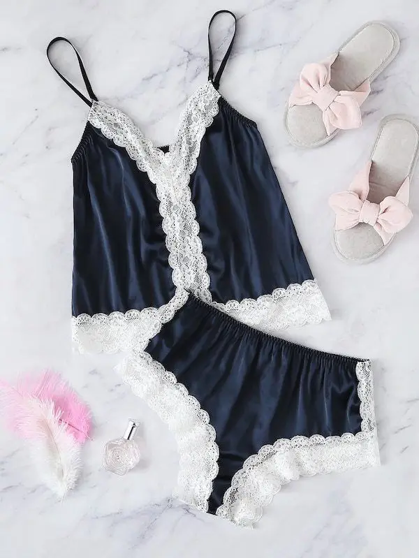 

Sexy Womens Satin Lace Pajamas Set Tank Top+Shorts Women Sleep Suits Bridesmaid Sleepwear Sling Lace Stain Summer Nightwear