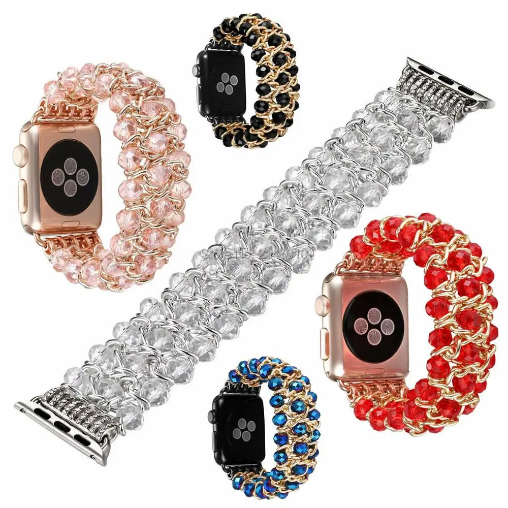 Cena Mieniąca się perła koraliki pasek bransoletka zespół kamień do zegarka Apple Watch Series 4 3 2 1 40MM 44MM 38MM 42MM zegarki damskie męskie pasek