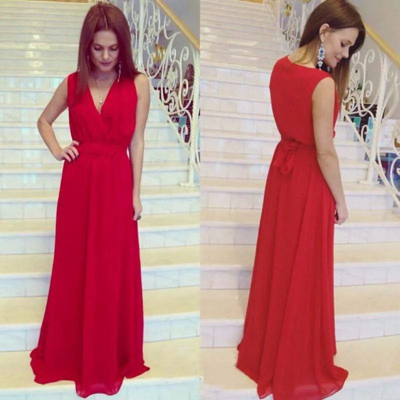 2XL Plus Size Dresses New Women's Clothing Beach Bohemian Floor Length Long Dress Tie Waist Sleeveless V-neck Chiffon Dress Belt