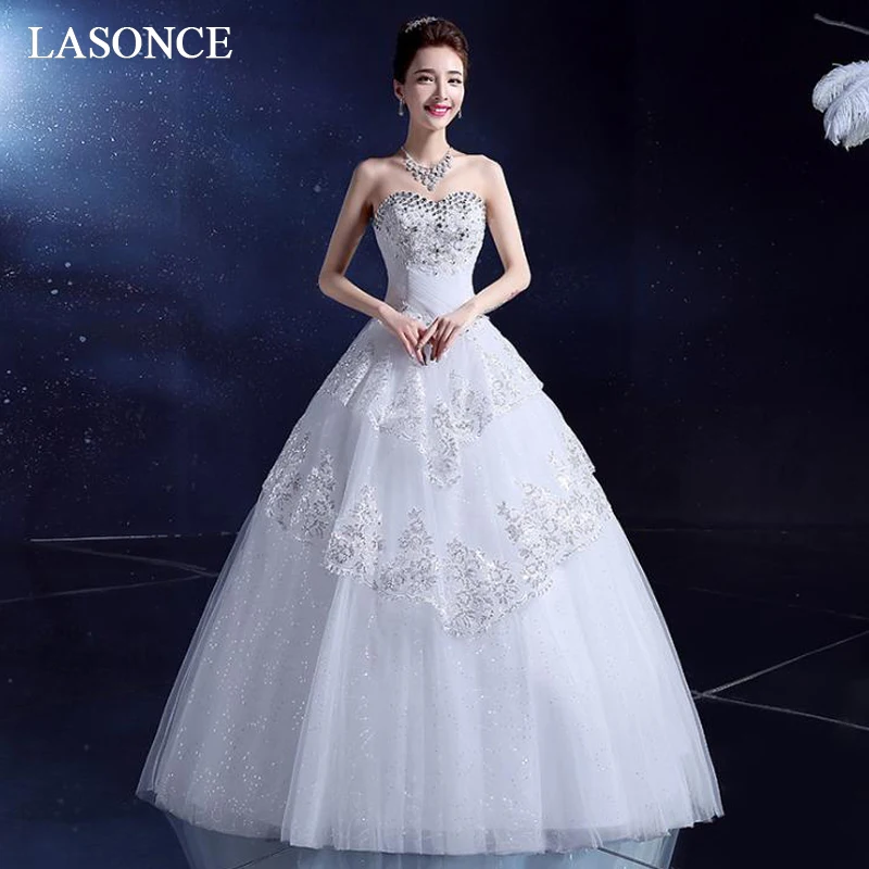 

LASONCE Tiered Lace Appliques Ball Gown Wedding Dresses Crystal Strapless Off The Shoulder Backless Bridal Dress