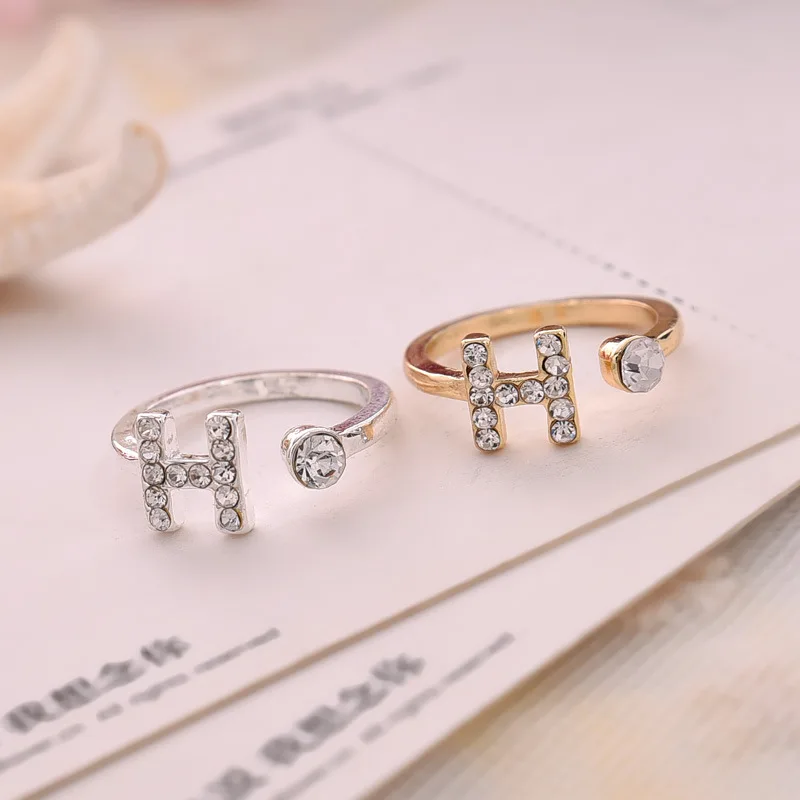 

Personality Letter Gold Color Wedding Rings for Women Trend Alloy Rhinestone Party Opening Ring Female Wholesale Anillo Mujer