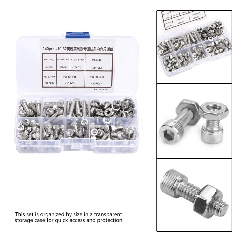 

140pcs #10-32 Stainless Steel Hex Socket Cap Head Bolts Hex Screw Assortment Kit