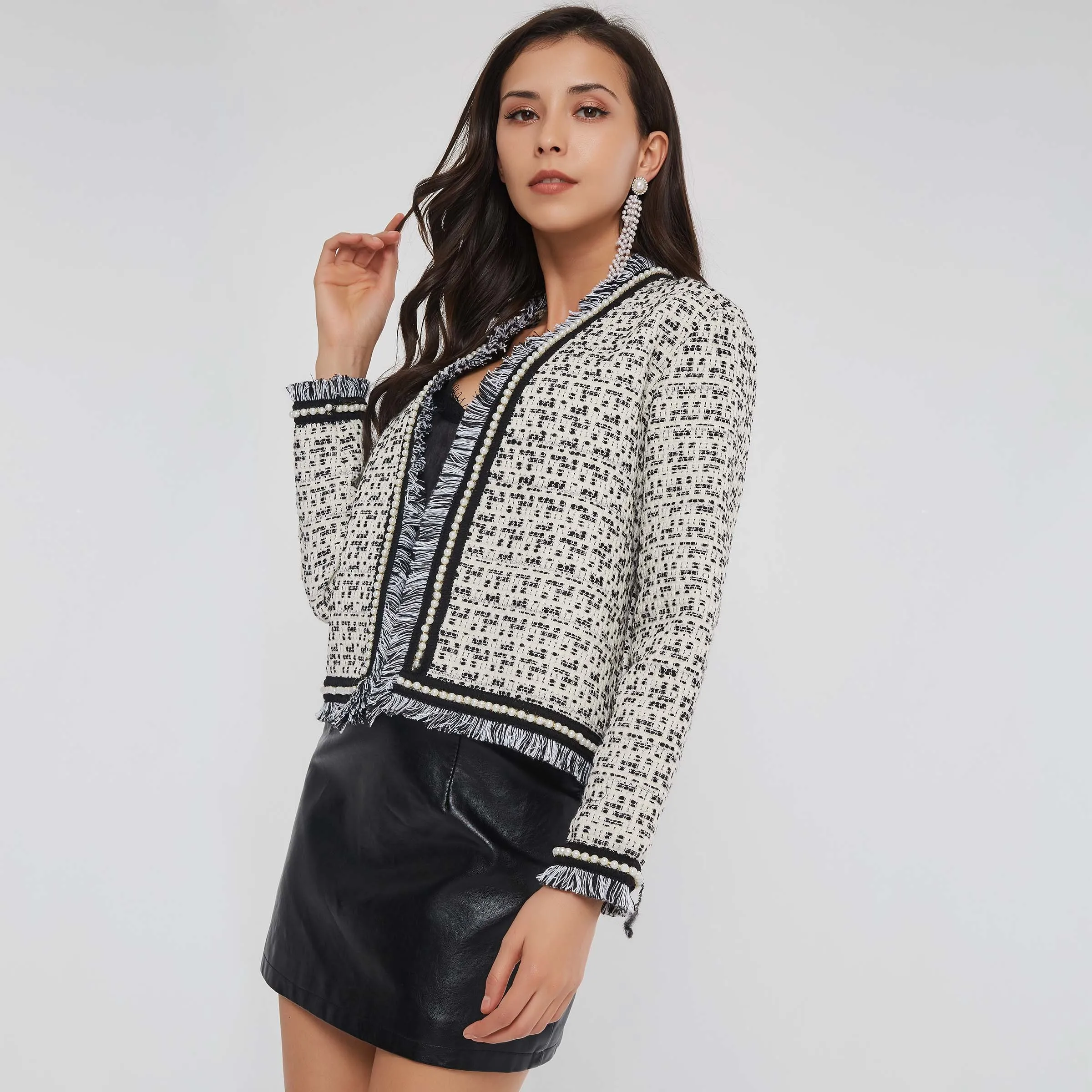 Kaufen Sisjuly Büro Dame Arbeit Schwarzen Saum Faux Perle Perlen Grau Quaste Kurzen Tweed Jacke Mantel Frauen Frühling Winter Crop Oberbekleidung