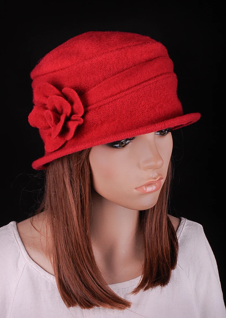 

M571 Fashion Grace Women's Wool Red Floral Curled Brim Cloche Bucket Cap Winter Hat Derby Beanie Church Party Hats