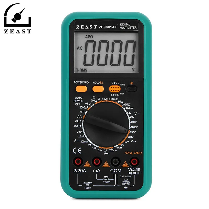 

ZEAST VC9801A+ 3 1/2 Digital Multimeter AC/DC Ammeter Voltmeter Transistor hFE Square Wave Output Manual Range LCD Tester Meter