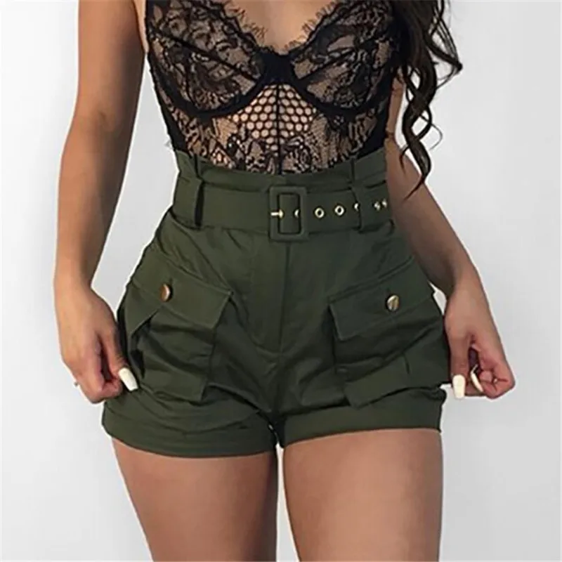 

Women's Summer Shorts Army Green Casual Solid Color Short Trousers With Belt Double Pocket High Waist Outdoors Streetwear Shorts