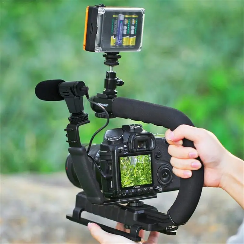 

U - Type Handheld Stabilizer with Microphone L Bracket Fill Light Low Angle Shooting with Accessory Shoe for Camcorder Camera DV