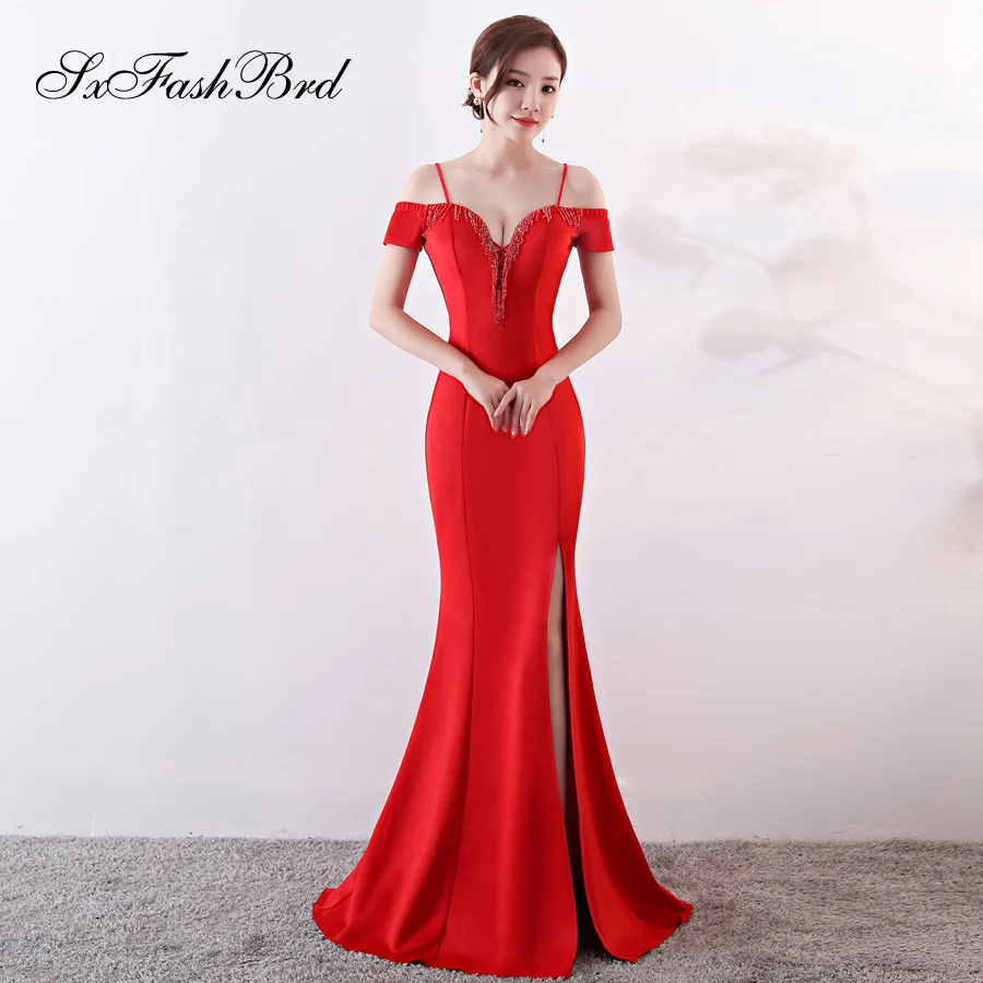 

Vestido De Noche Simple Vestidos Largos Spaghetti Strap Beading Sweetheart Mermaid Split Long Party Women Evening Dresses