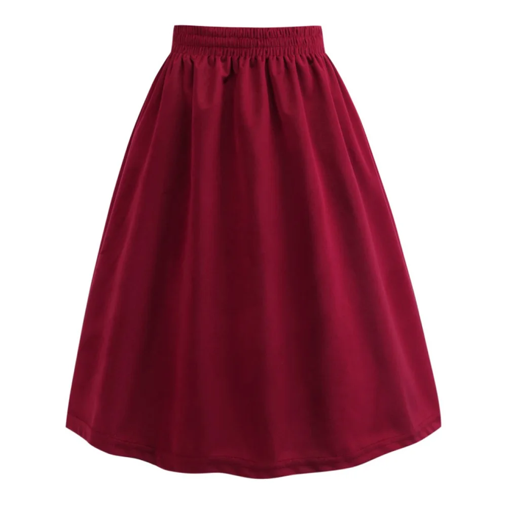 

Retro Fashion Solid Wine Red Women Skirts Elastic Waist A Line Tutu Skirts Vintage Retro Female Skirts Office Casual Skirts