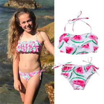 

Bikini 2019 New Watermelon Swimwear Kids Girls Halter Ruffles Swimwear Swimsuit Briefs Beachwear Bathing Suits Girls Clothes Set