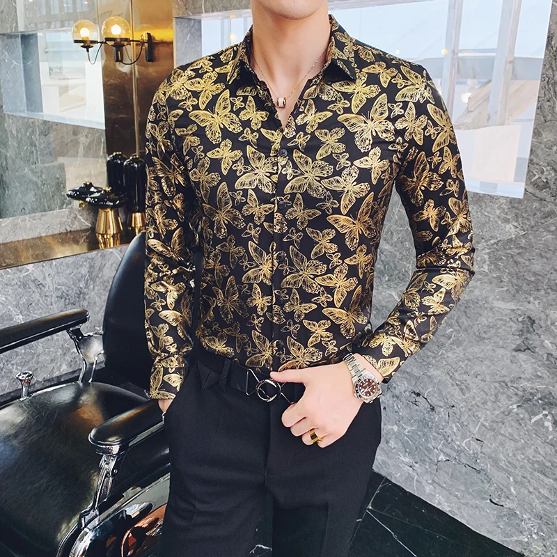 

Men's Shirts 2019 New Hairstylist Butterfly Bronzing Social Youth Trend Long Sleeve Night Shop Stage Costume