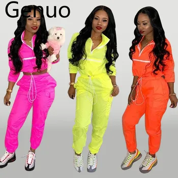 

2019 new women zip up neck long sleeve short trench safari long pants suits two pieces set sporting tracksuit outfit