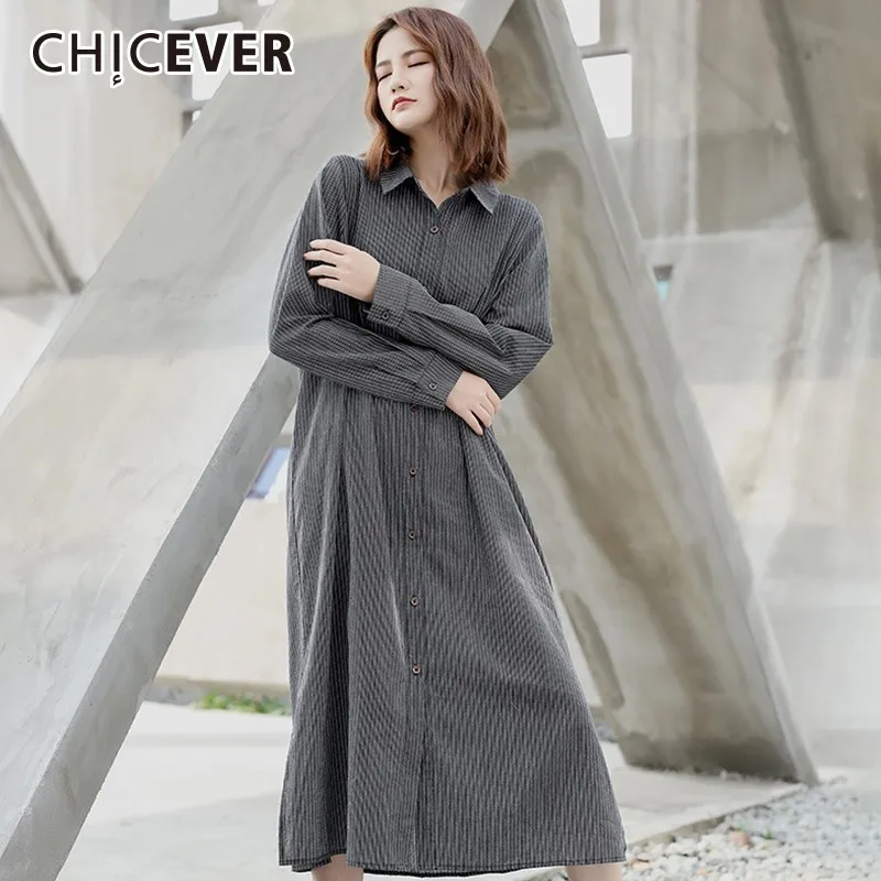 

CHICEVER Spring Striped Dresses For Women Lapel Long Sleeve Loose Oversize Casual Midi Dress Female Fashion Clothes New