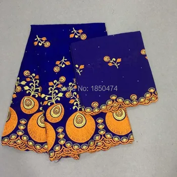 

(5+2Yards/Set) Dubai African Cotton Lace Fabric Blue/Orange Swiss Voile Lace Plus Royal blue Chiffon Lace For Party Party 13FS5