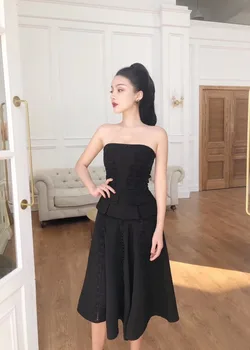 

High Quality Slip Strapless Black Simple A-line Dress Club Party Elegant Dress