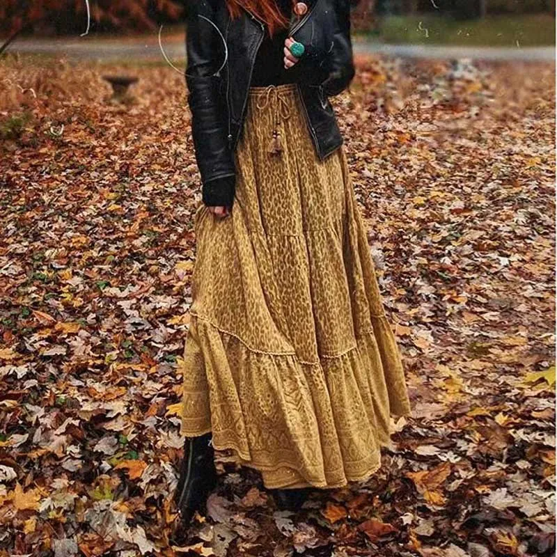 

Boho Summer Leopard Print High Waist Skirts Women Elastic Drawstring Waist Causal Maxi Skirt Chic Female Saias