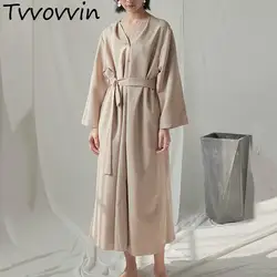 Новый Для женщин Корея Мода 2019 Лето v-образным вырезом длинный рукав свободное платье Женская одноцветная со шнуровкой повседневные платья