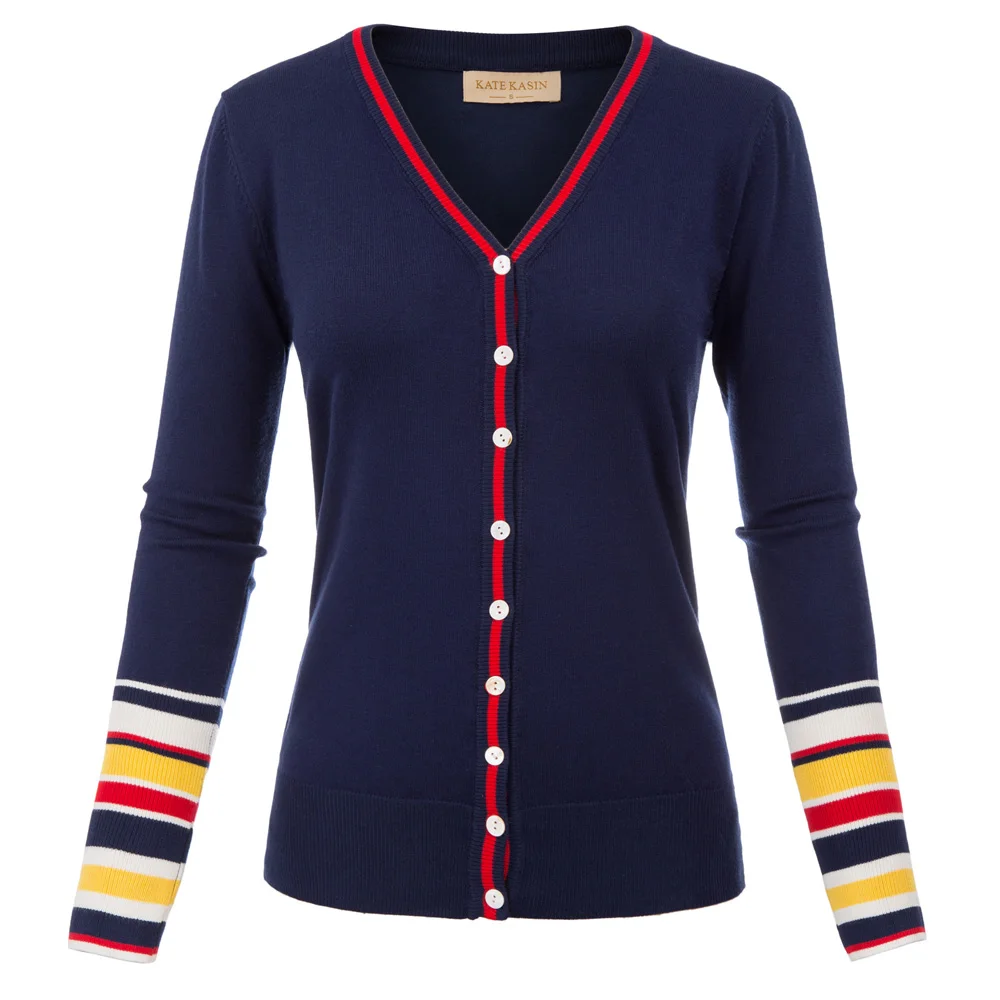 

KK high stretch slim sweater coat Women knitwear Long Sleeve V-Neck Button-Placket Contrast Color cardigan Knitting Coat Tops