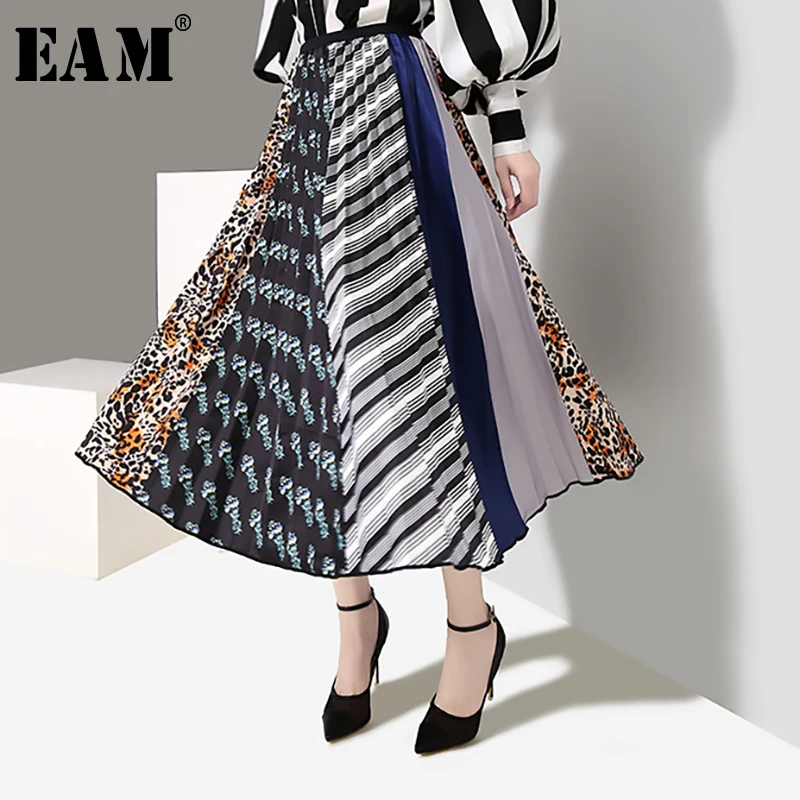 

[EAM] 2019 New Spring Summer High Elastic Waist Leopard Printed Pleated Hit Color Half-body Skirt Women Fashion Tide JQ893