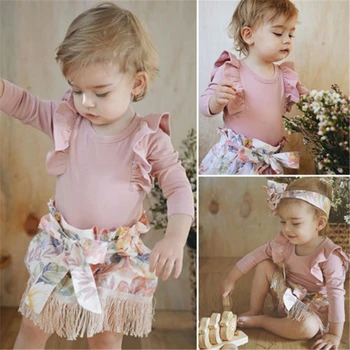 

US 3PCS Newborn Baby Girl Tops Romper Flower Dress Skirt Autumn Outfits Clothes New Sweet Baby Girl Pink Tops Mini Tassels Dress