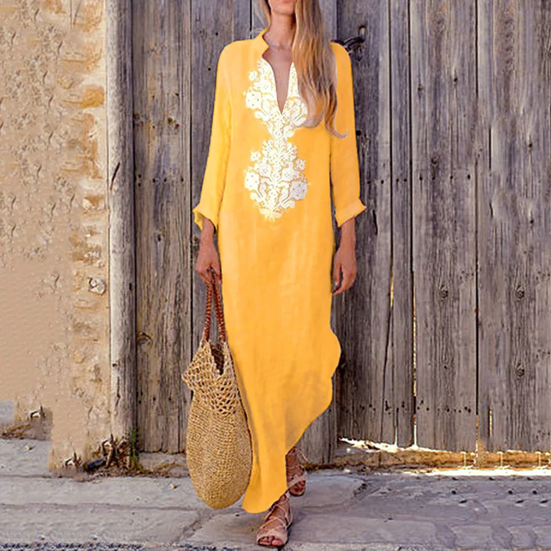 

Spring Autumn Women Cotton Linen Deep V Neck Long Sleeve Maxi Long Dress Vintage Paisley Kaftan Baggy Vestido Plus Size 3XL