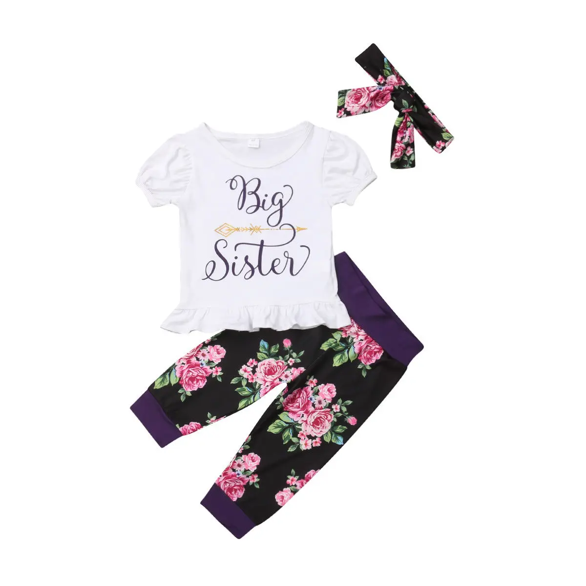 Комплекты одежды для новорожденных, маленьких и больших девочек одежда принцессы с цветочным принтом и надписью для маленьких девочек комплект из 3 предметов: комбинезон/топ+ штаны+ шапочка