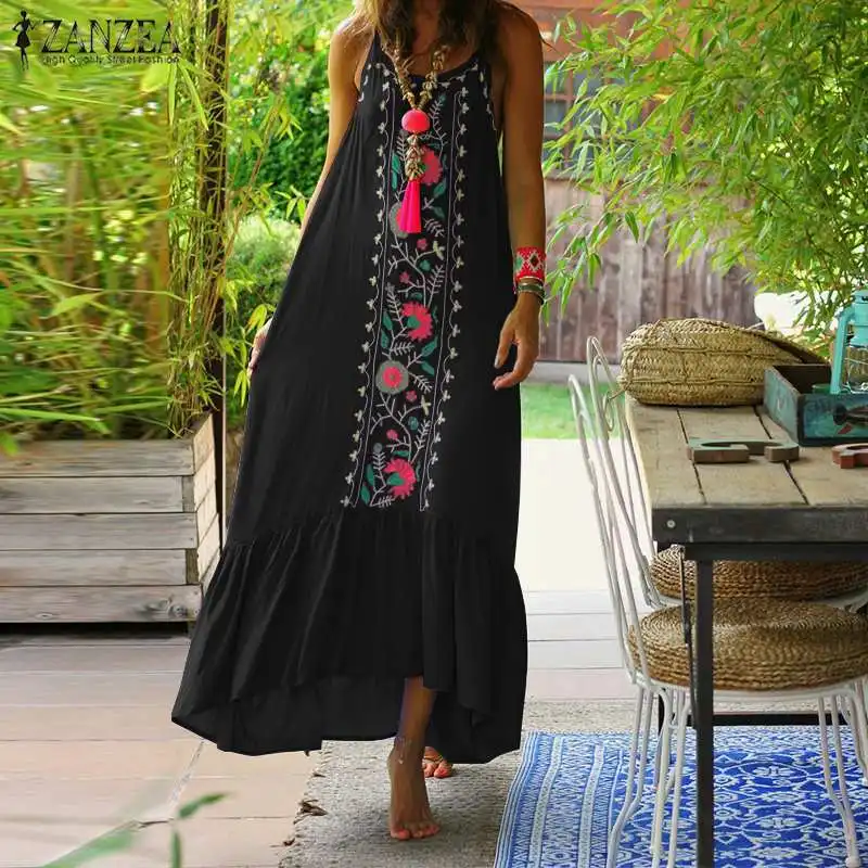2019 ZANZEA الصيف الشاطئ فستان طويل الكشكشة المرأة البوهيمي الزهور المطبوعة حزب Vestido خمر عارضة فام رداء ماكسي فستان الشمس 2019 ZANZEA الصيف الشاطئ فستان طويل الكشكشة المرأة البوهيمي الزهور المطبوعة حزب Vestido خمر عارضة فام رداء ماكسي فستان الشمس