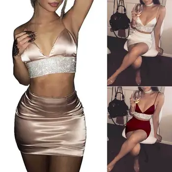 

Sesy Women's Bandage Clothes Sets Bodycon Sleeveless Evening Party Club Short Mini Straps Tops+Skirts 2pcs Ladies Costumes