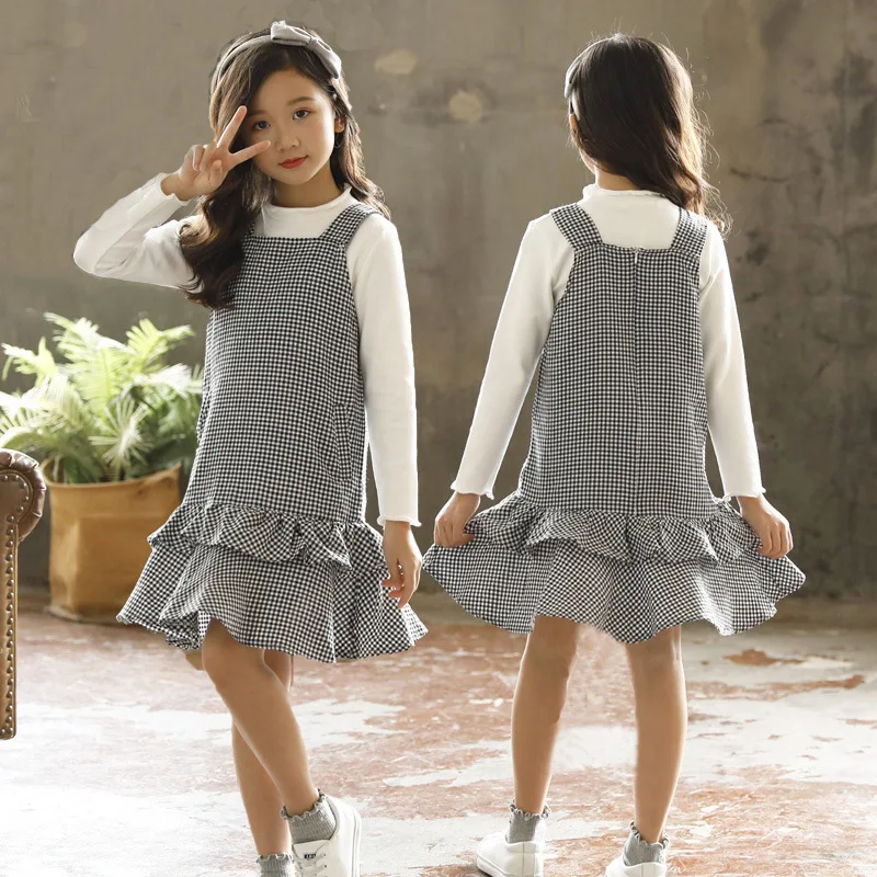 

2018 Pattern Lattice Children Dress Long Sleeve Shirts Suit Pure Cotton Children's Garment