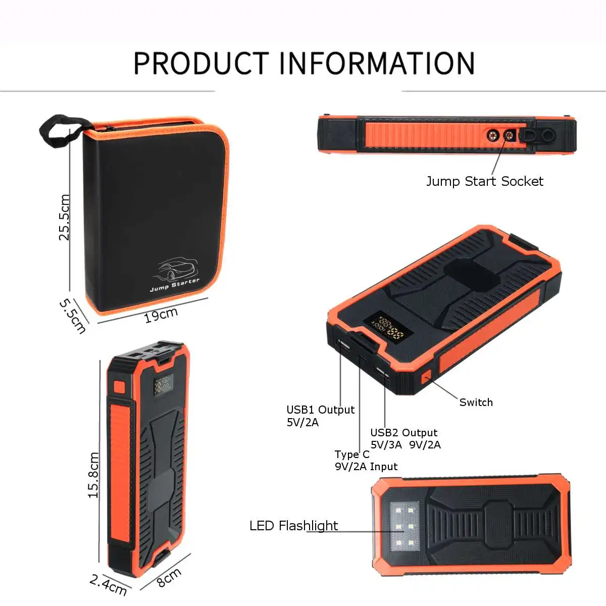 2A Fast Charger Car Jump Starter Power Supply 89800mAh Battery Booster USB Power Bank 9V Dual USB Output With Display