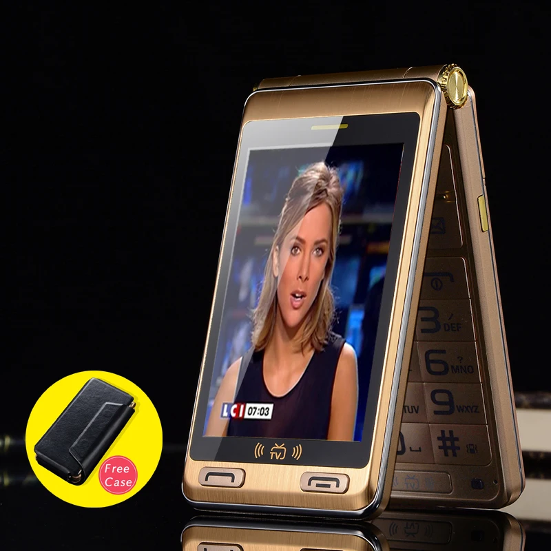 

TKEXUN 4.0" Analog TV Dual Big Screen Dual SIM Touch Outer Side Sreen One Key Senior Flip Mobile Phone Easy for Working