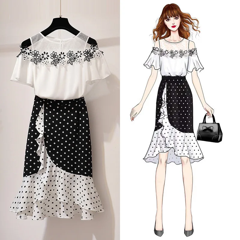 

ICHOIX Summer 2 Pieces Sets Lace White Blouse 2 Pieces Outfits Dot Printed Ruffles Two Pieces Skirt Sets Women Clothing 2019